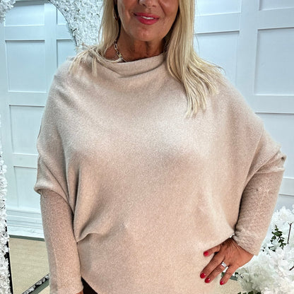 Erica: Stone asymmetrical slouch soft knit top. One size 10-18