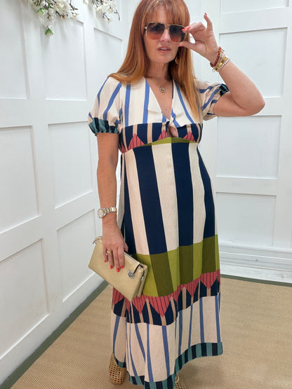 Alana: Abstract stripe V neck midi dress. One size: 10-14. 3 colours