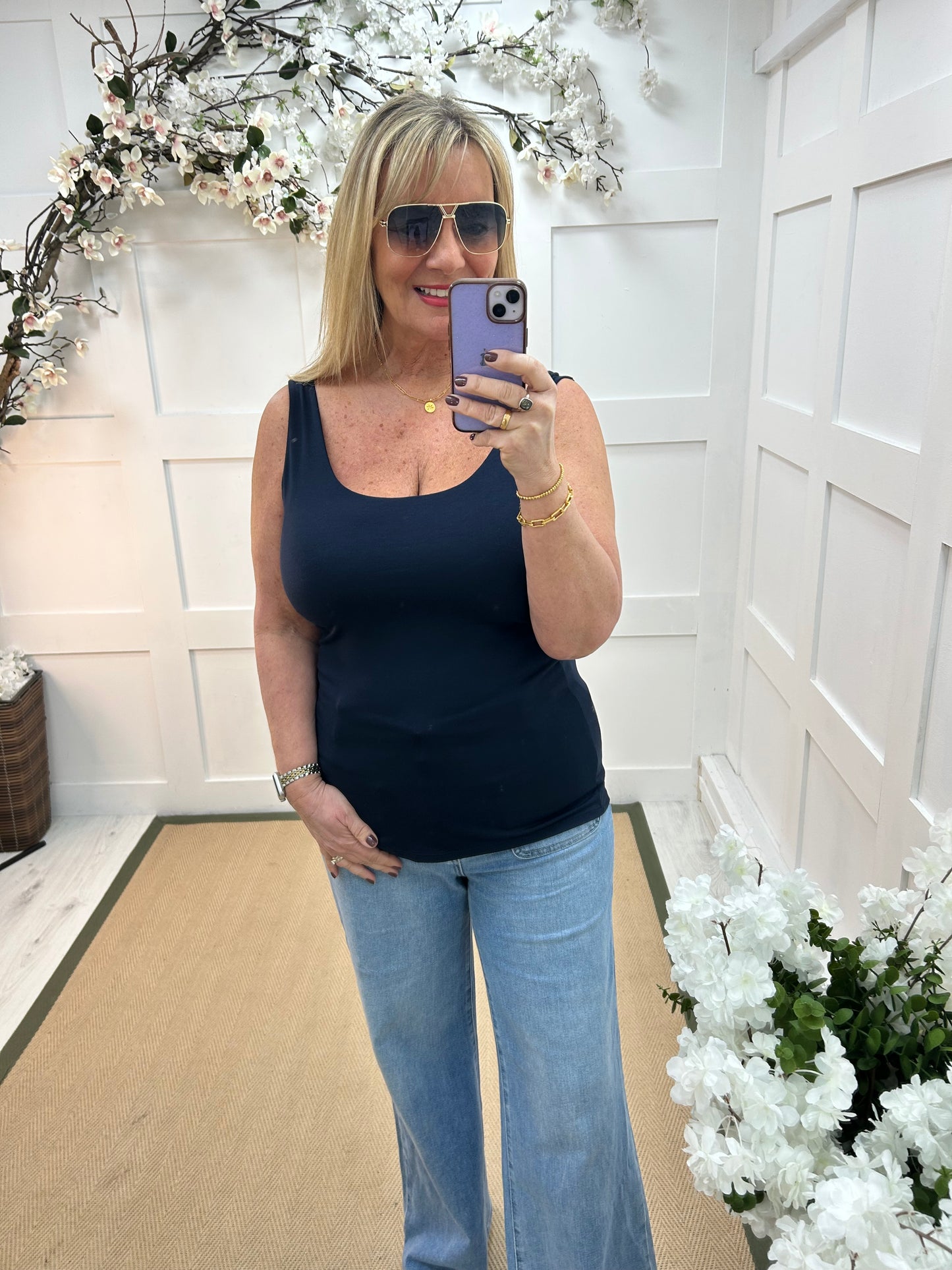 Abigail: Stretchy navy blue basic vest top. 2 sizes