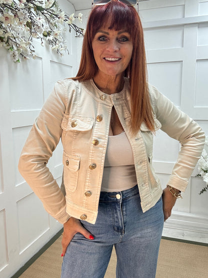 Margot: Stone military button denim jacket. Sizes: 10-16