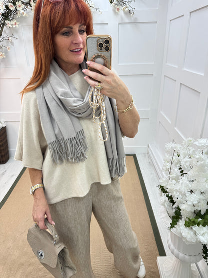 Indra: Plain taupe soft feel tassel scarf