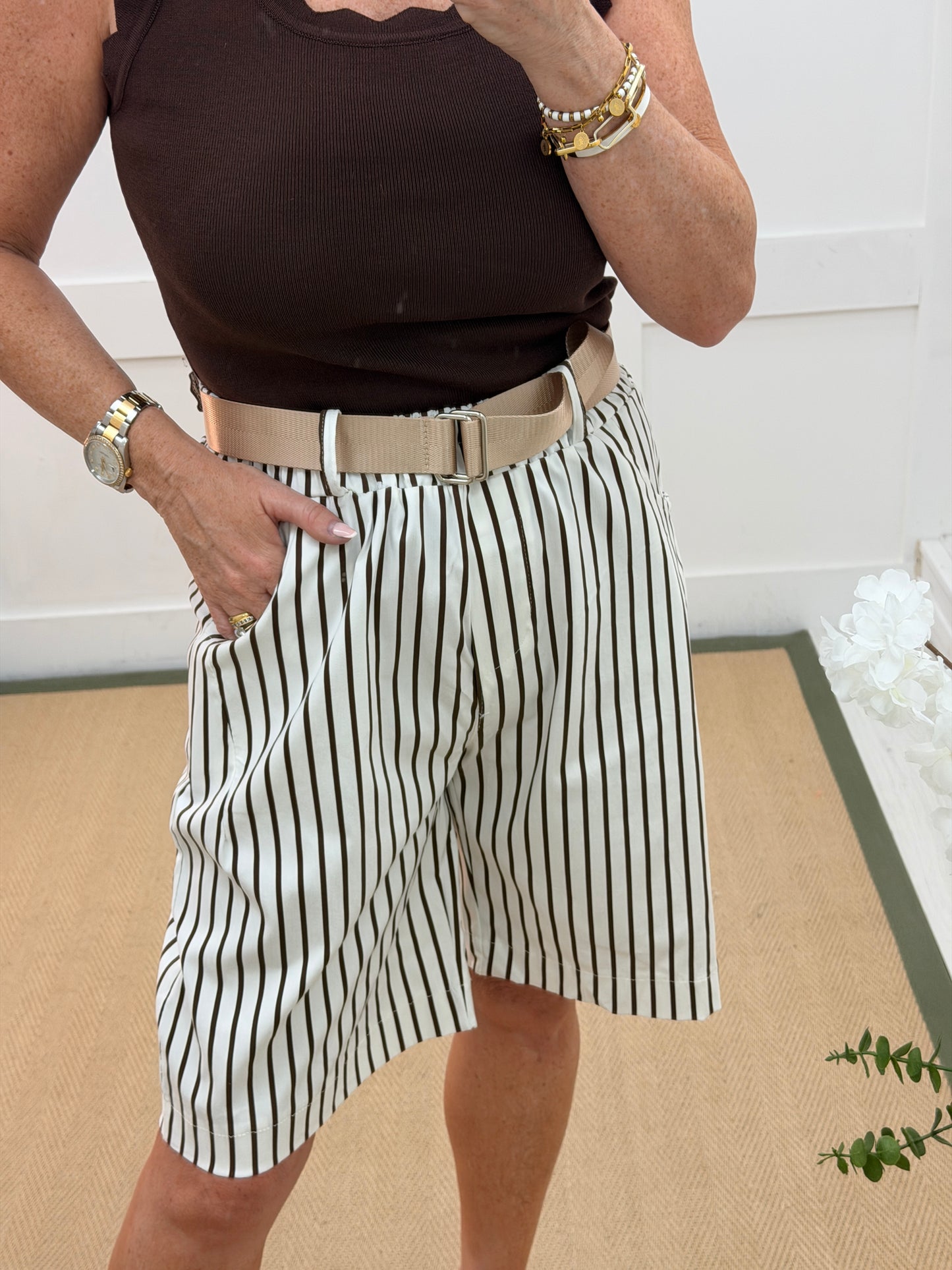 Sienna: Striped belted shorts. One size: 10-16. 3 colours
