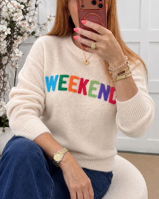 Winnie: Cream & multicoloured “Weekend” knit jumper. 2 sizes