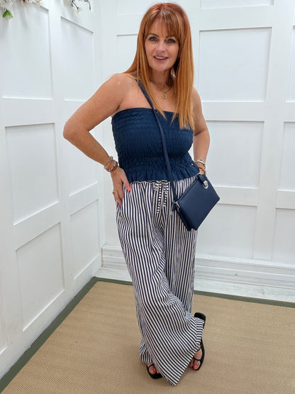 Suki: Wide leg stripe linen trousers. One size: 10-16. 3 colours