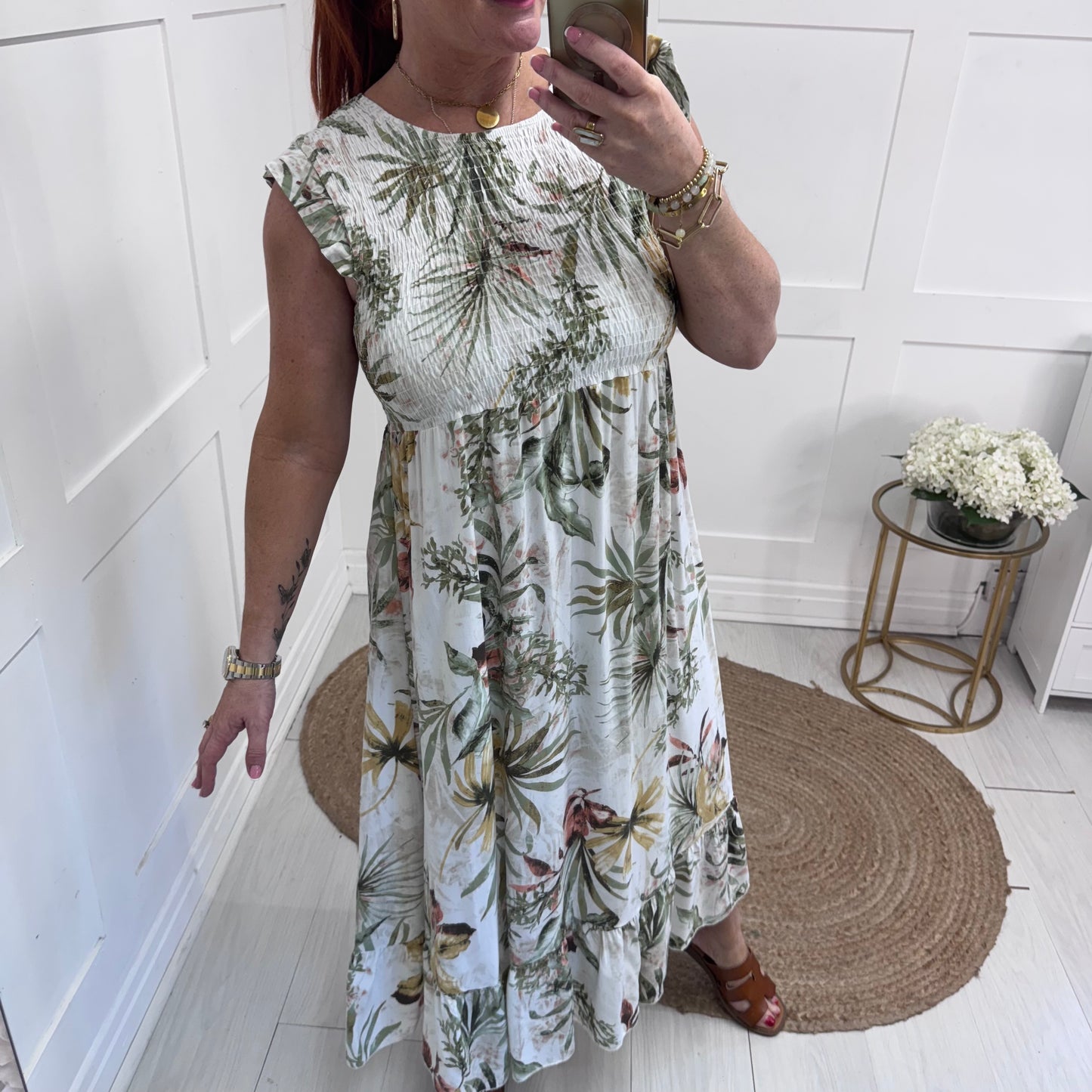 Sophia: White tropical print midi dress. One size 8-16/18