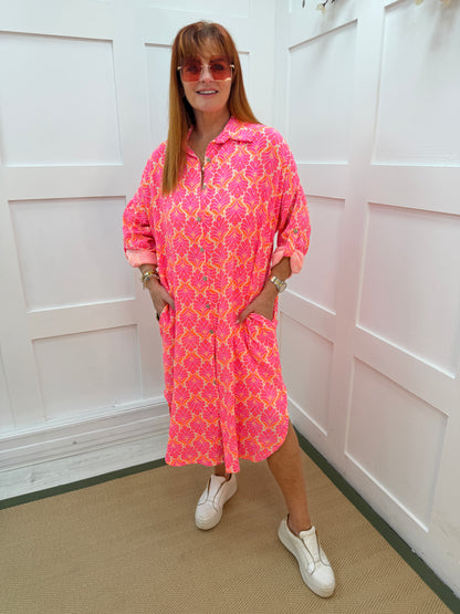 Didi: Printed cheesecloth shirt dress. One size: 12-18. 2 colours