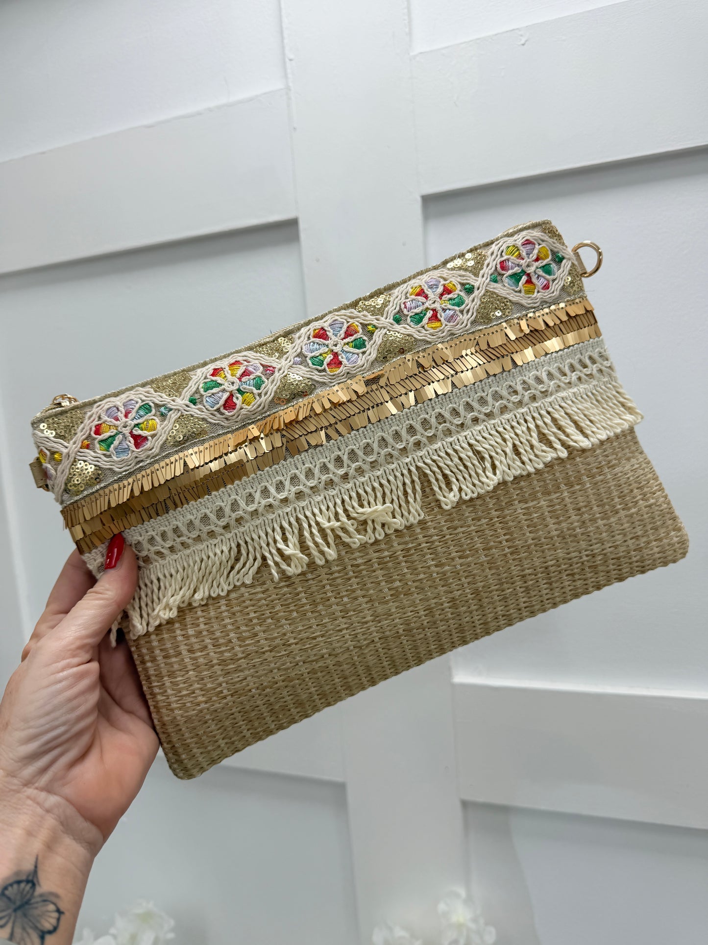 Estelle: Embroidered fringe clutch bag. 3 colours.