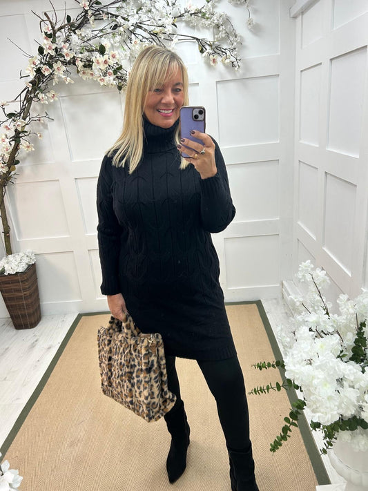 Destiny: Black high neck knitted jumper dress. One Sz: 12-18