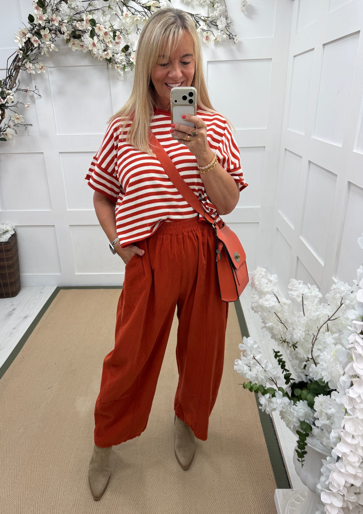 Suki: Short sleeve stripe knit top. One size: 12-18. 2 colours