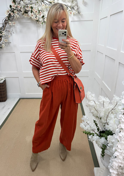 Suki: Short sleeve stripe knit top. One size: 12-18. 2 colours