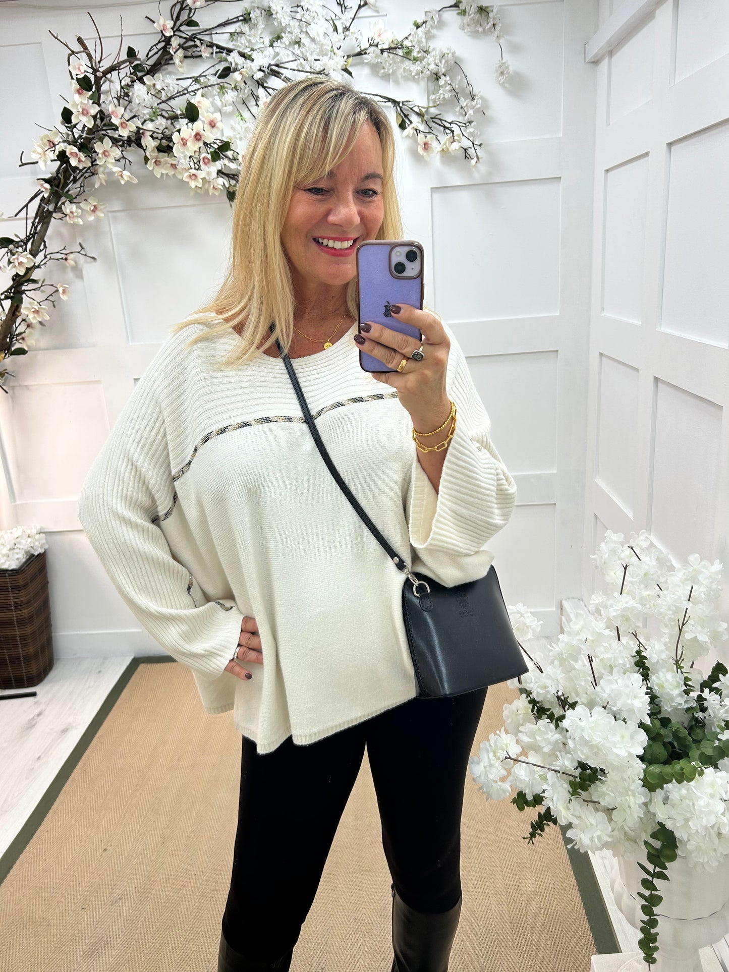 Indra: Cream oversized diamanté stripe top. One size: Free size