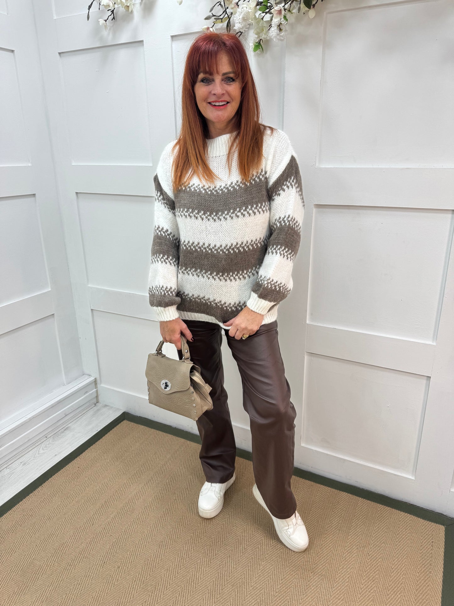 Celine: Cream and taupe striped knit jumper. One size 14-18