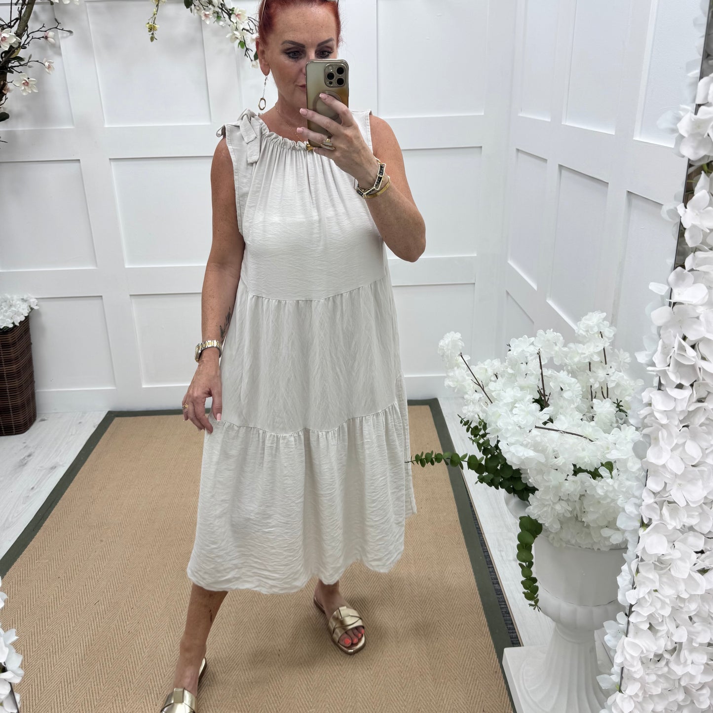 Adair: Cream tie neck midi dress. One size 10-16