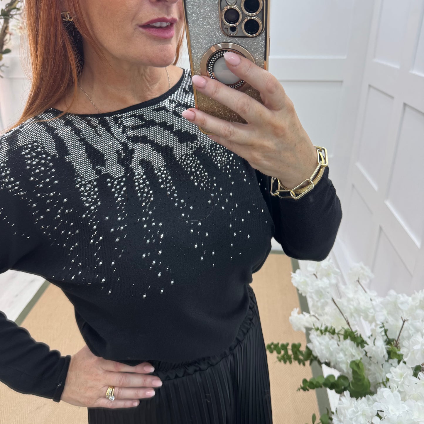 Coco: Black & diamanté long sleeve knit top. One size: 10-16/18