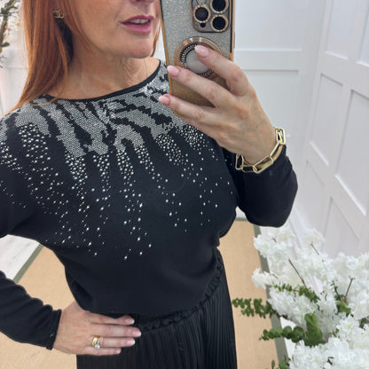 Coco: Black & diamanté long sleeve knit top. One size: 10-16/18