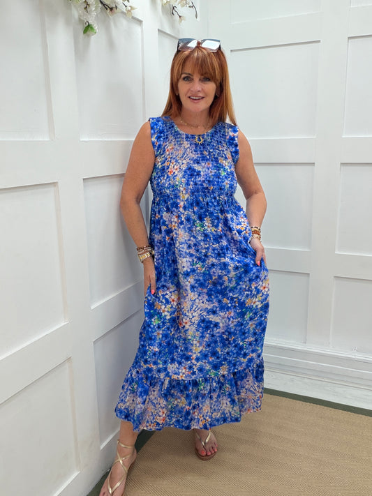 Carmen: Floral shirred midi dress. One size 10-16. Various colours