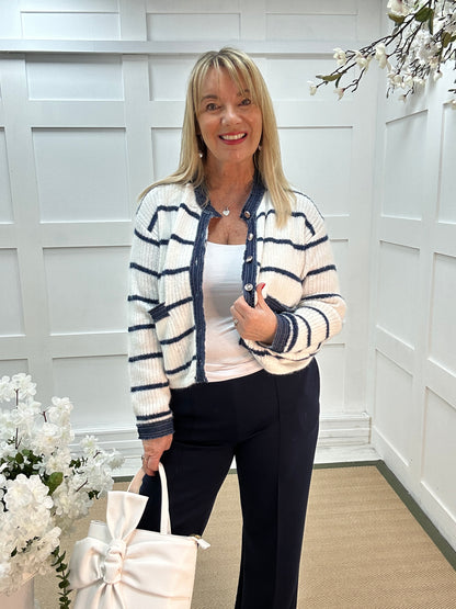 Camille: White and navy striped button cardigan. 2 sizes