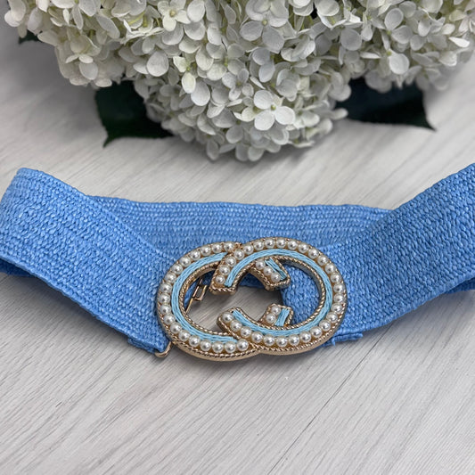 Louisa: Blue pearl round buckle wide belt. One size: 8-18