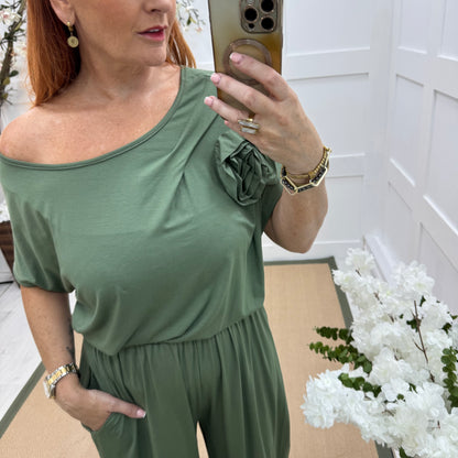 Rhianna: Khaki jersey draped wide leg jumpsuit. One size: 10-16
