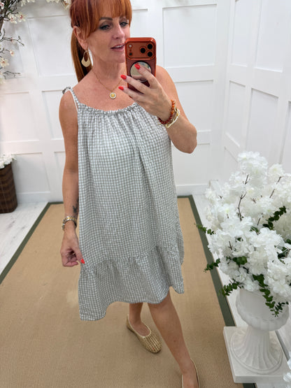 Gina: Gingham print strappy knee length dress. One size: 12-18. 4 colours