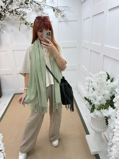 Indra: Plain green soft feel tassel scarf