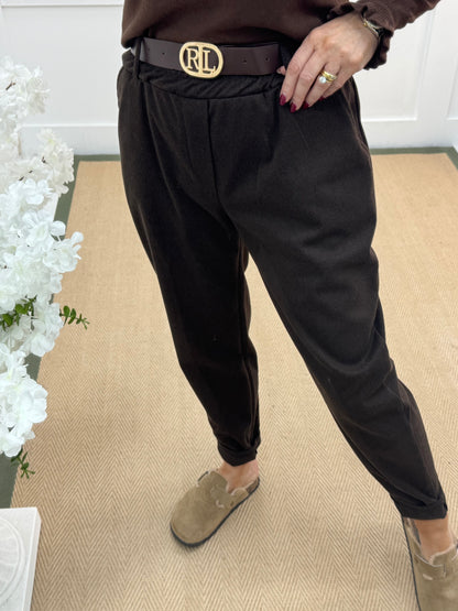 Rylee: Brown herringbone belted trousers. One size: 10-14