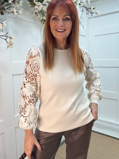 Gemma: Cream crochet balloon sleeve top. One size 12-16