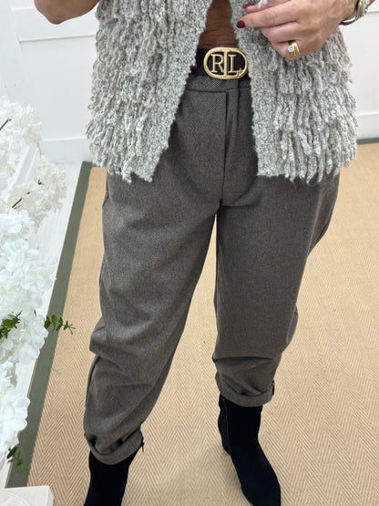 Rylee: Mocha herringbone belted trousers. One size: 10-14