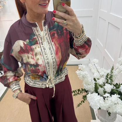 Steph: Silky burgundy Amalfi printed bomber jacket. One size: 8-18