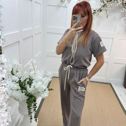 Dulce: Taupe top & trouser co-ord set. One size: 12-16/18