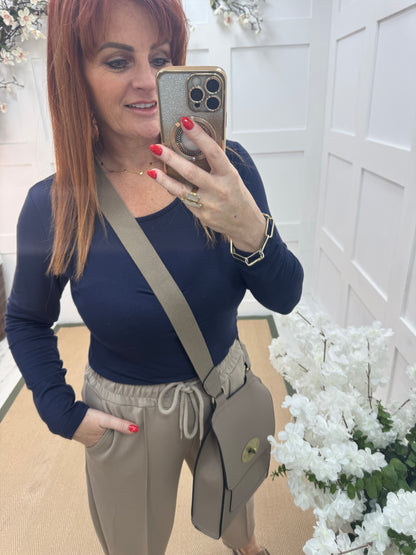 Bessie: Navy basic long sleeve top. One size: 10-16/18