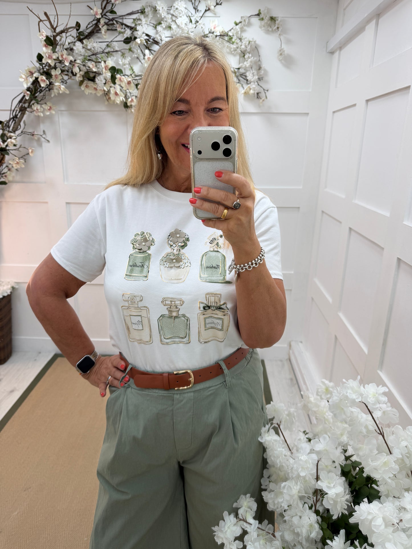Priya: White & khaki 3D perfume T shirt. One size: 10-16