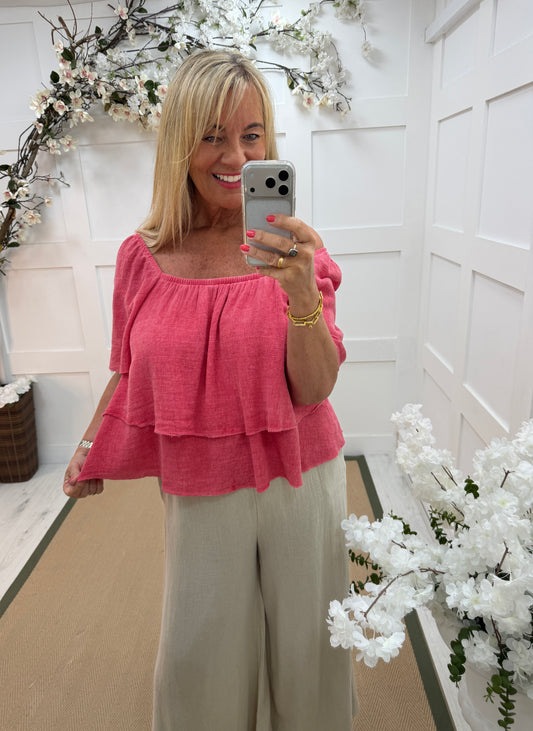 Zoey: Bardot linen layered top. One size: 12-18. 2 colours