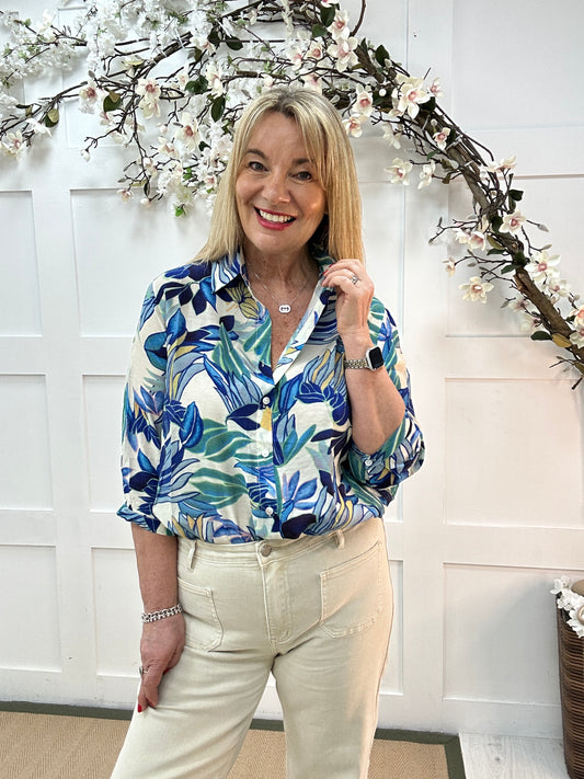 Brooke: Blue 3/4 sleeve leaf print button up shirt. 2 sizes.