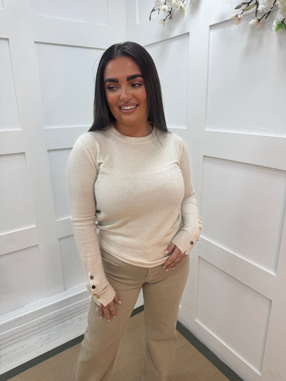 Riley: Beige gold button knitted top. Two sizes.