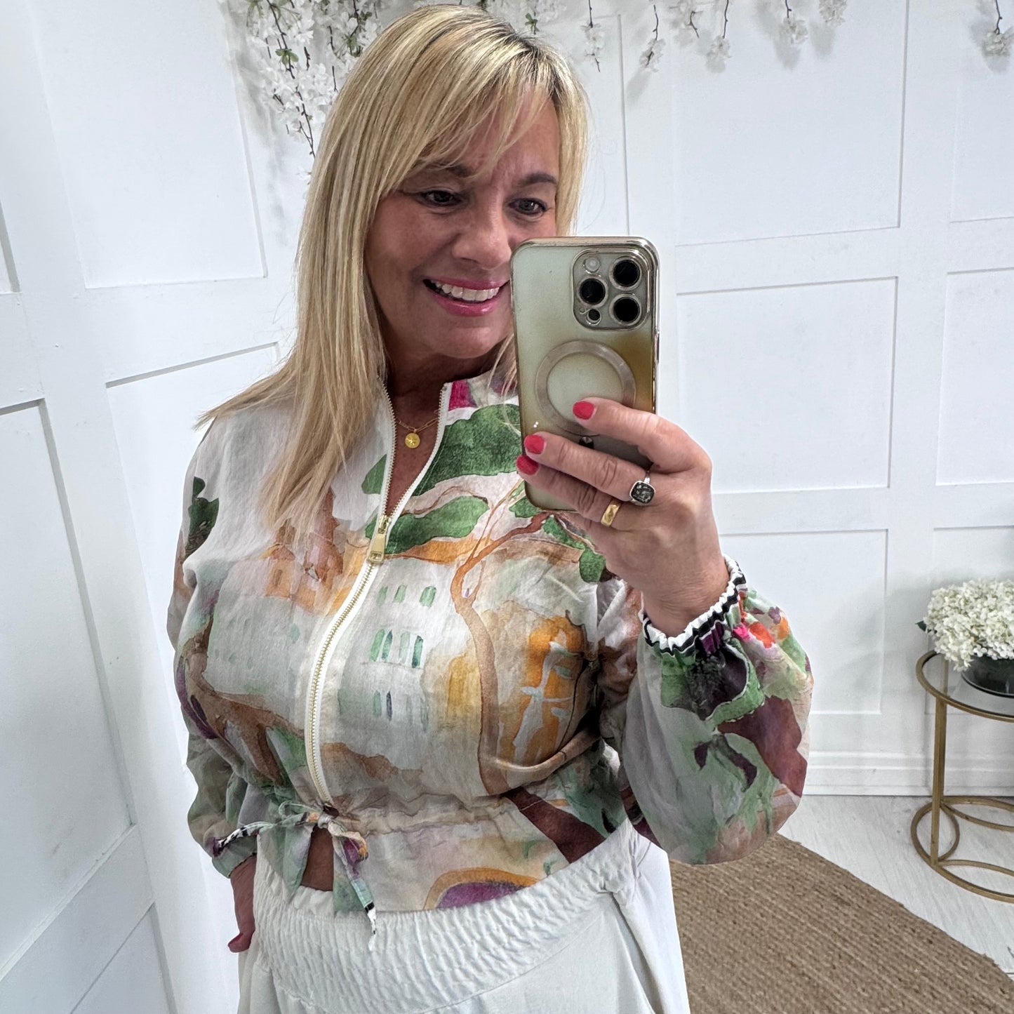 Sutton: Silky white tree printed bomber jacket. One size: 8-18