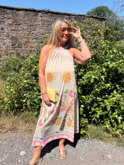 Paloma: Halter neck tropical print maxi dress. One size 12–18. 2 colours