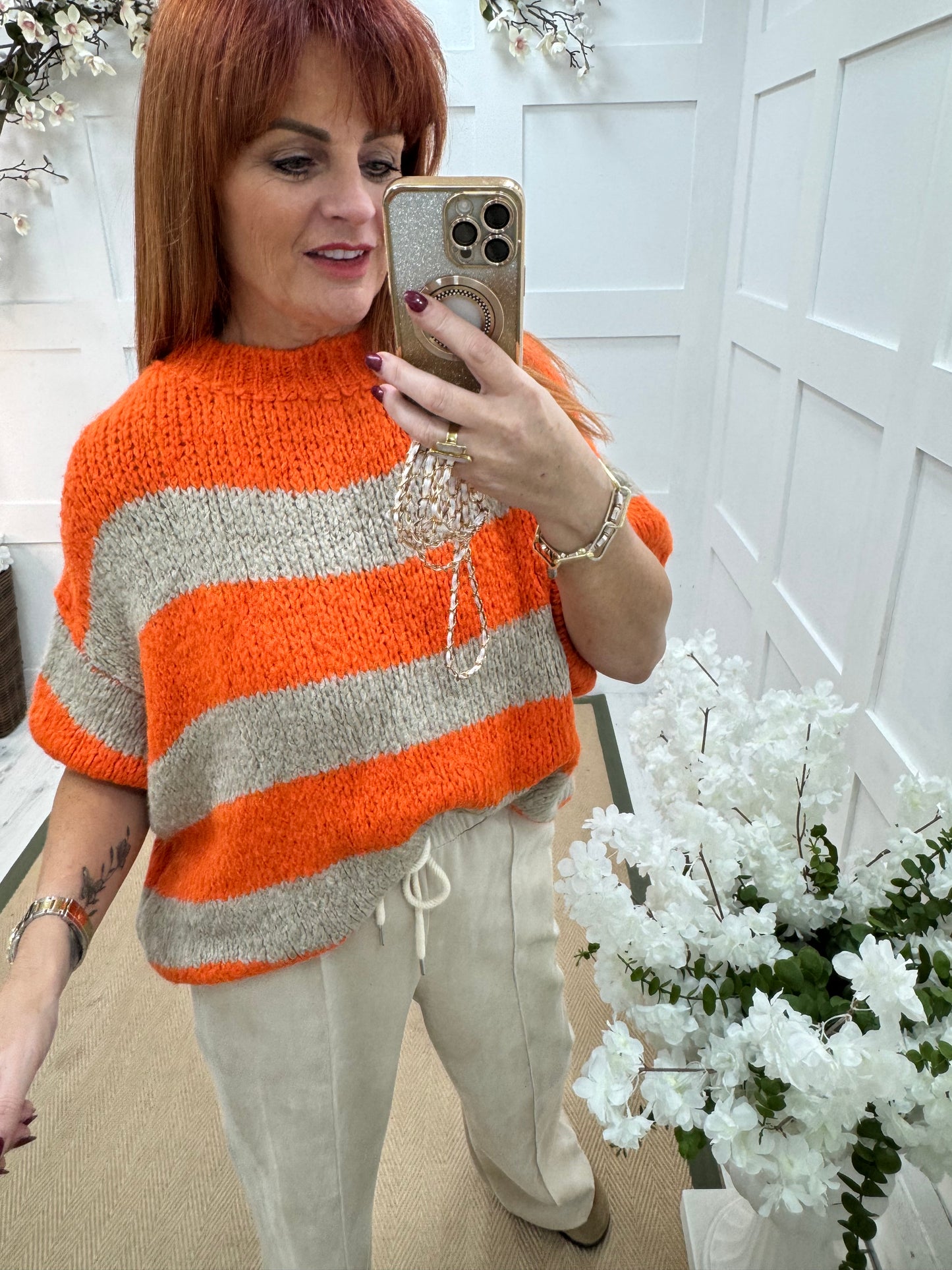 Mabel: Beige & orange slouchy jumper. One size 12-18/20