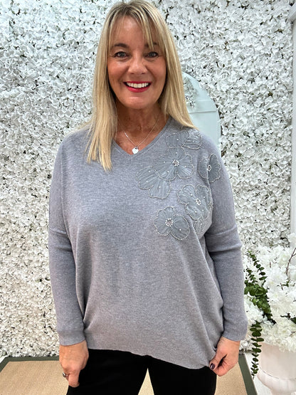 Claudia: Grey longline floral detail knit. One size: 14-20