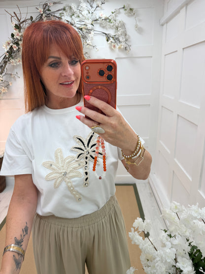 Palma: White crochet & diamanté palm tree T shirt. 2 sizes