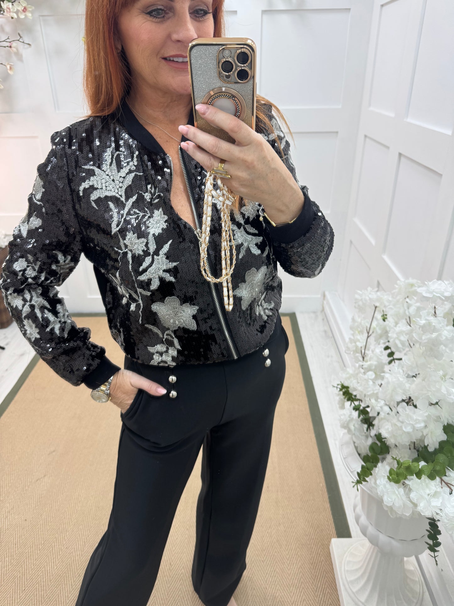 Shelley: Black & silver sequin bomber jacket. 2 sizes
