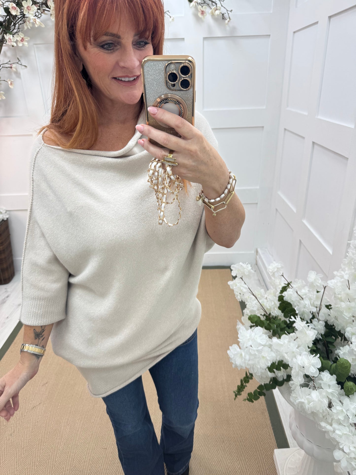 Samantha: Oatmeal asymmetrical slouch top. One size 10-18