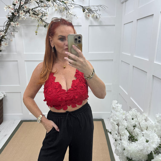 Lacey: Red applique crop bralette. One size 8-14