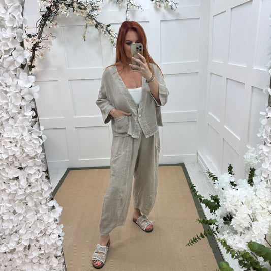 Kelsey: Stone jacket & trouser co-ord set. One size: 14-20/22