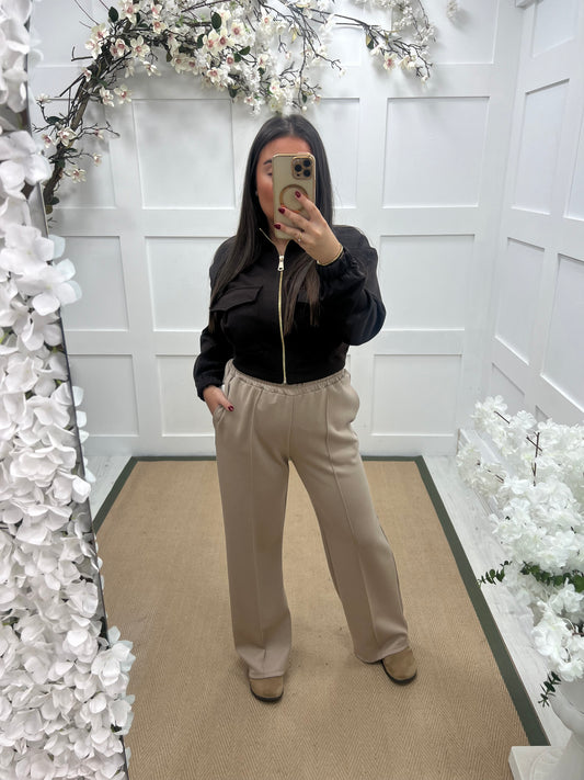 Trudy (Short): Mocha stretchy wide leg pocket trousers. One size 10-16