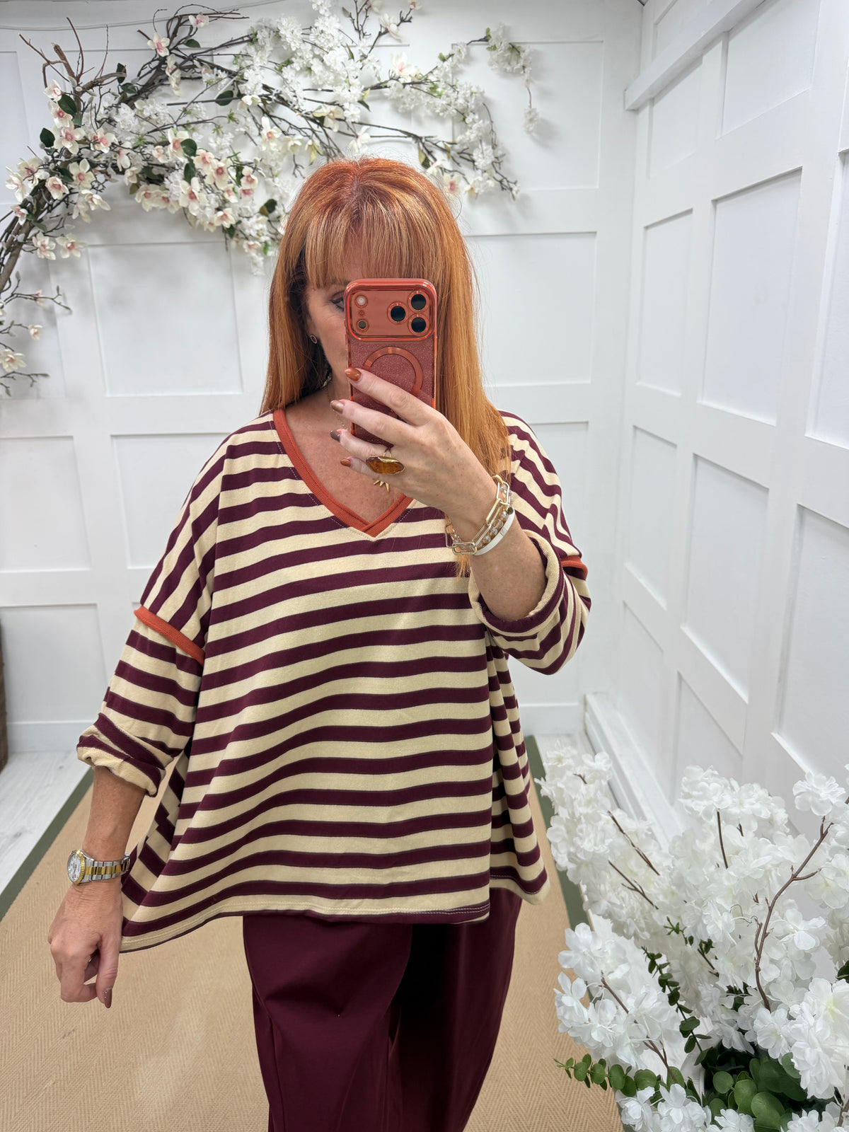 Eloise: 3/4 sleeve stripe V neck top. One size: 12-18. 4 colours