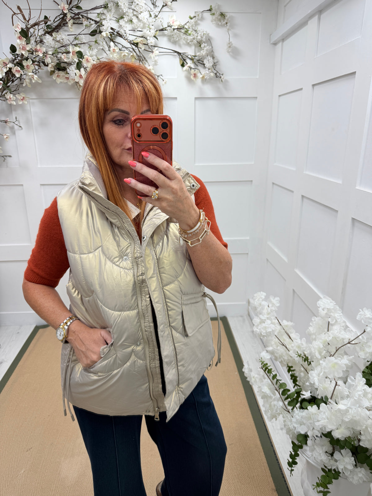 Grace: Champagne metallic padded gilet. One size: 10-16