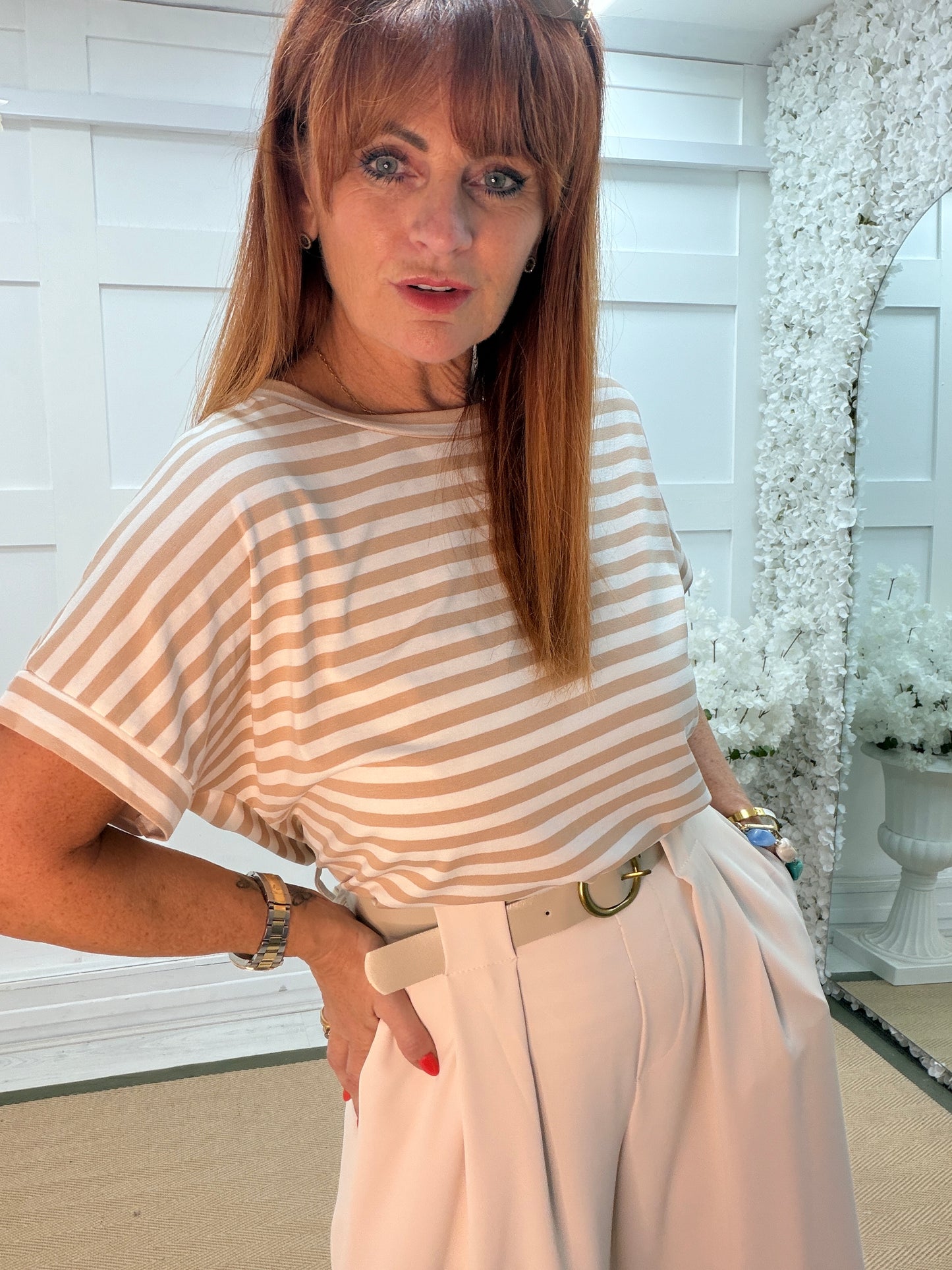 Suki: Short sleeve stripe top. One size: 10-16. 3 colours