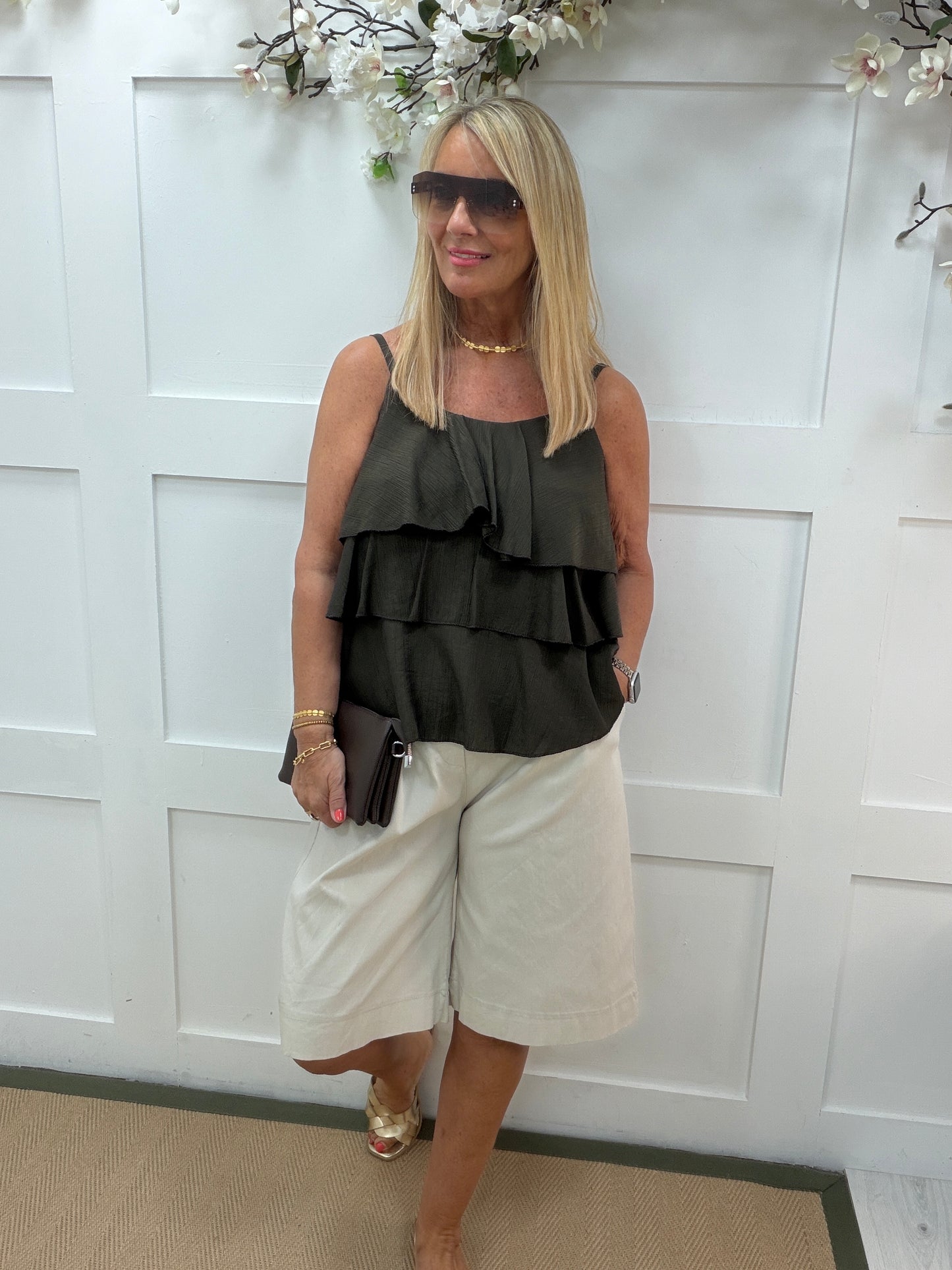 Riley: Ruffle strappy top. One size 10-16. 3 colours
