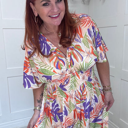 Eva: Stretchy orange & purple leaf maxi dress. One size 12-24